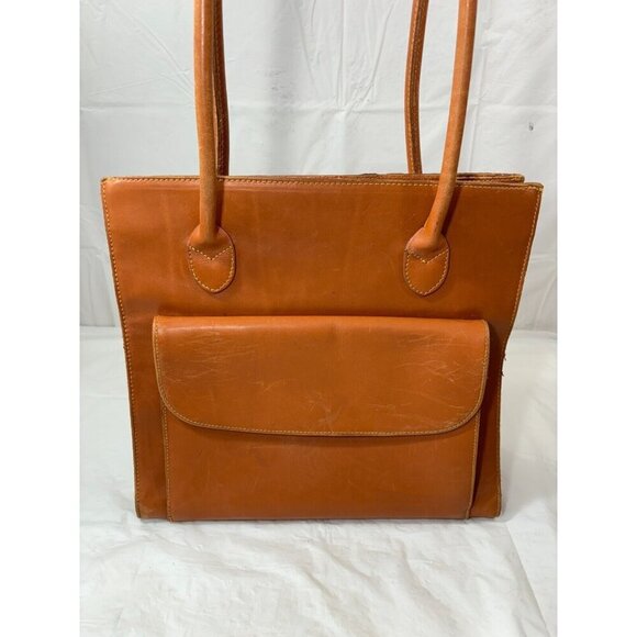 PERRY ELLIS Leather Shoulder Bag Purse Pockets TAN - Picture 4 of 16